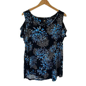 JM Collection Blouse XL Cold Shoulder Blue Black White Floral Stretch Knit Flowy